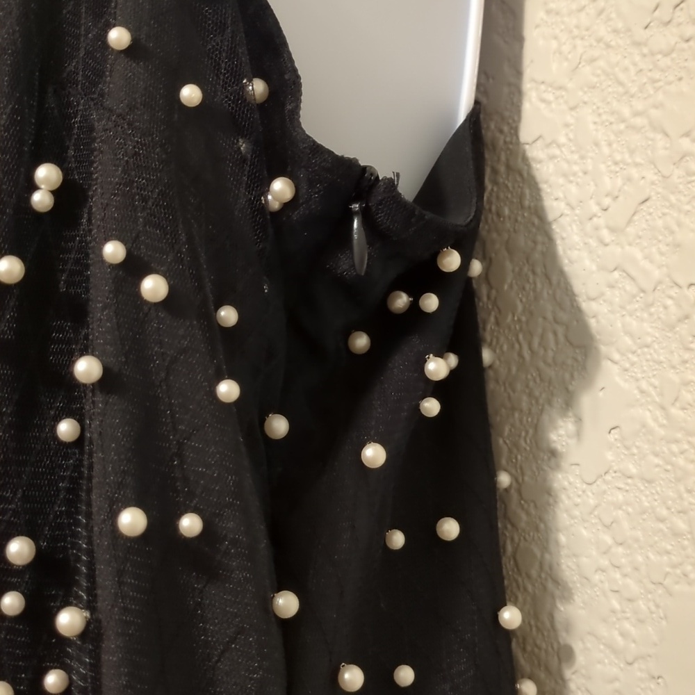 Forever 21 black faux pearl studded shoulder tie mini shift dress - Picture 6 of 8